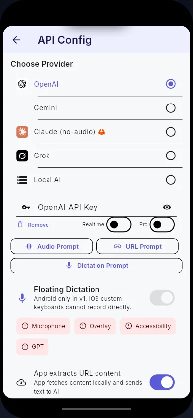 EchoScribe Android API settings and provider configuration