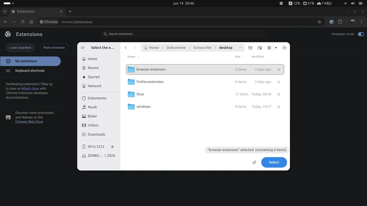 Chrome extensions page loading the EchoScribe extension manually