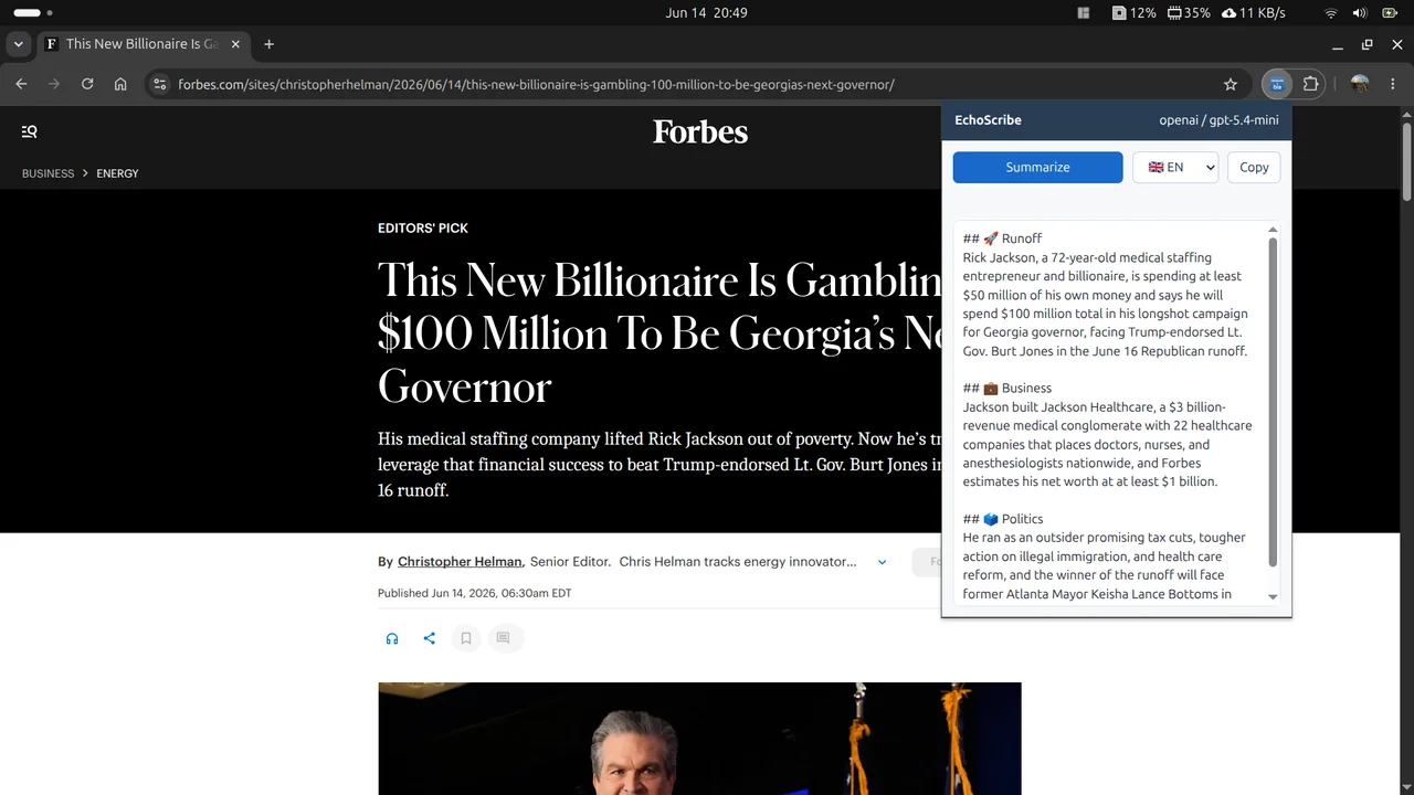 EchoScribe browser extension summarizing a webpage