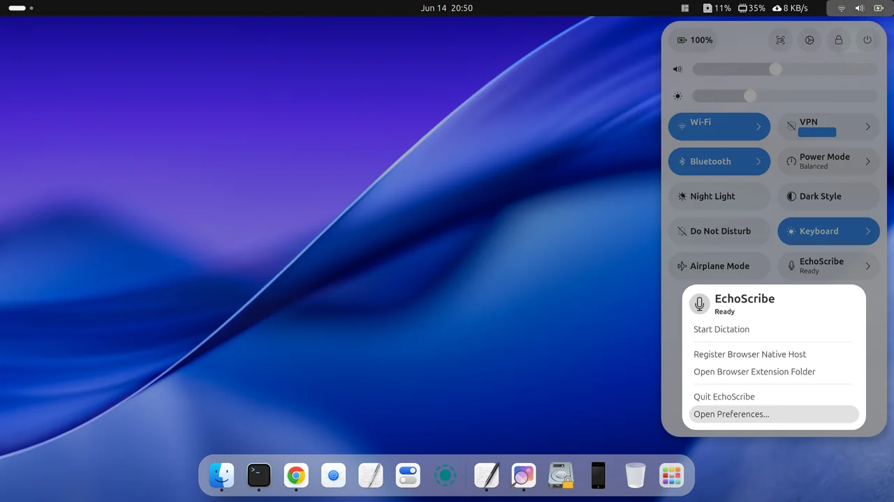 GNOME extensions view showing EchoScribe settings entry