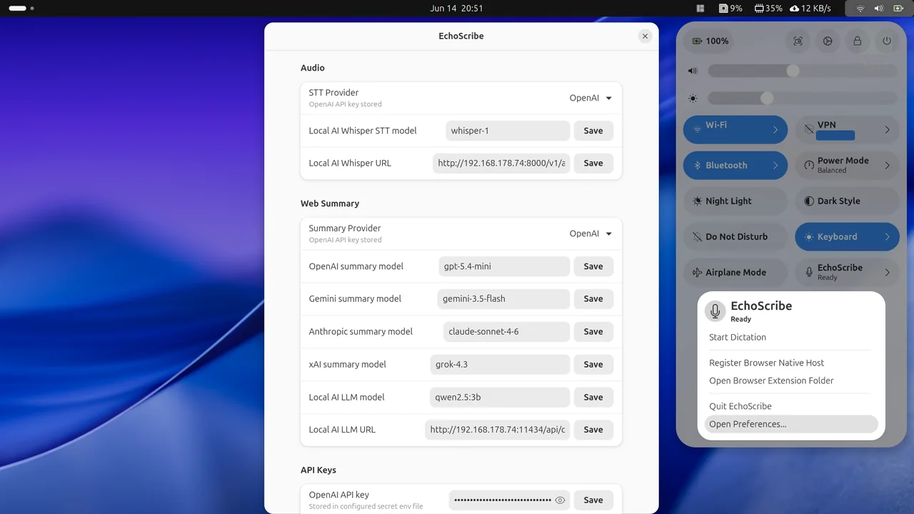 EchoScribe GNOME settings dialog