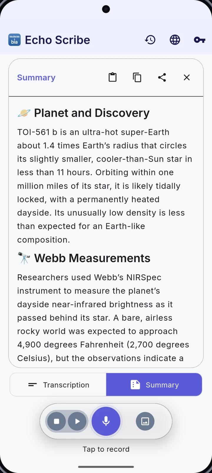 A real EchoScribe article summary in the Android app.