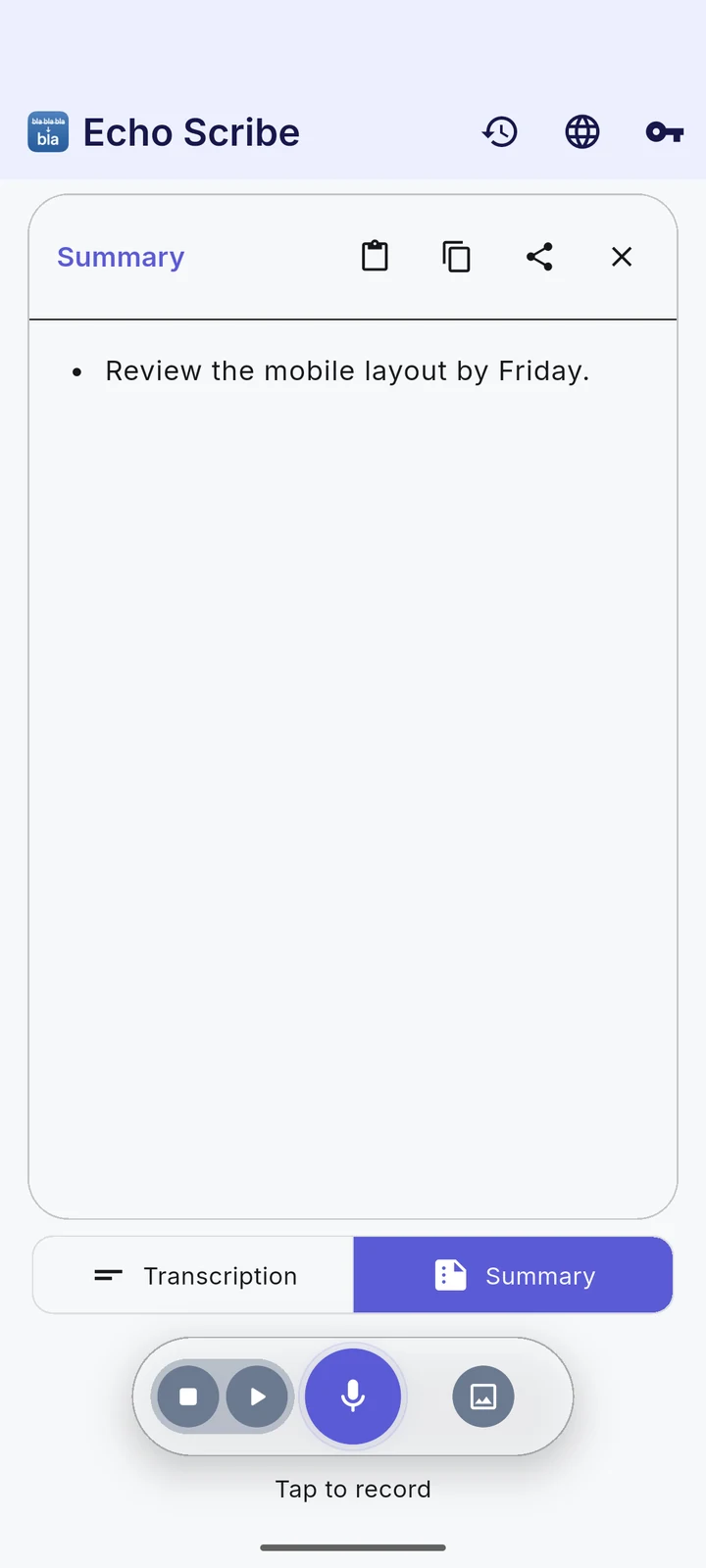EchoScribe: Import audio & text — actual Android app screenshot