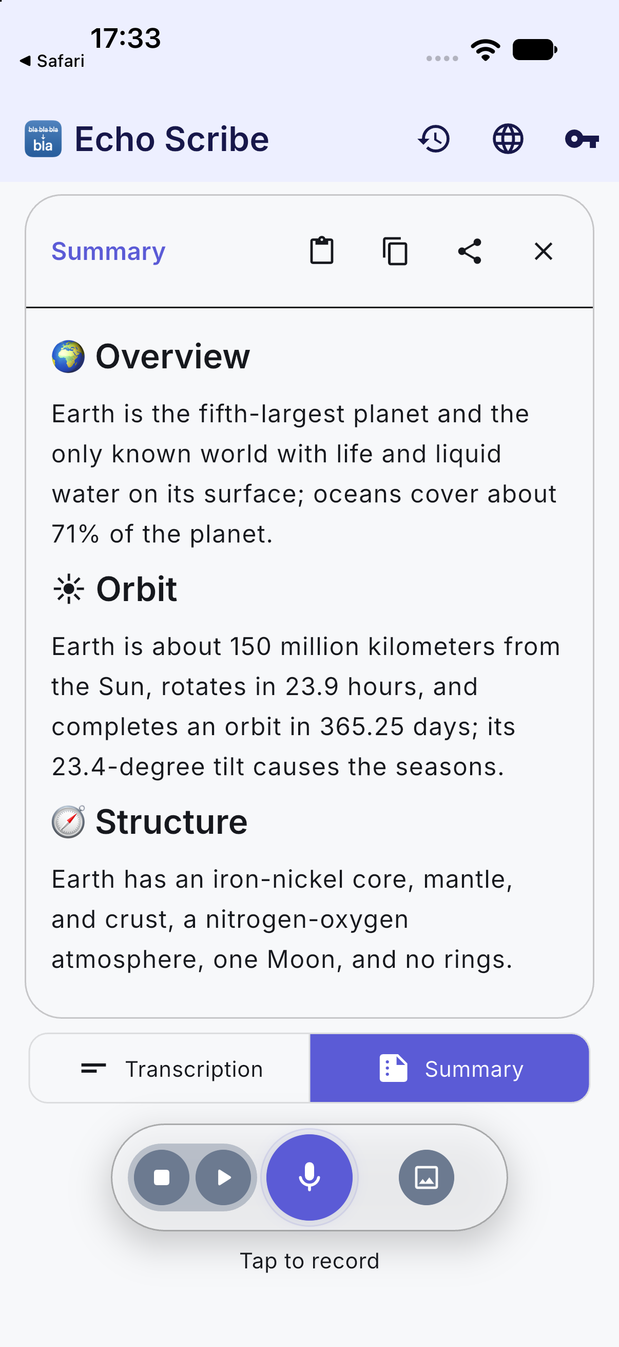 EchoScribe summarizing an Earth facts article in the iPhone app.