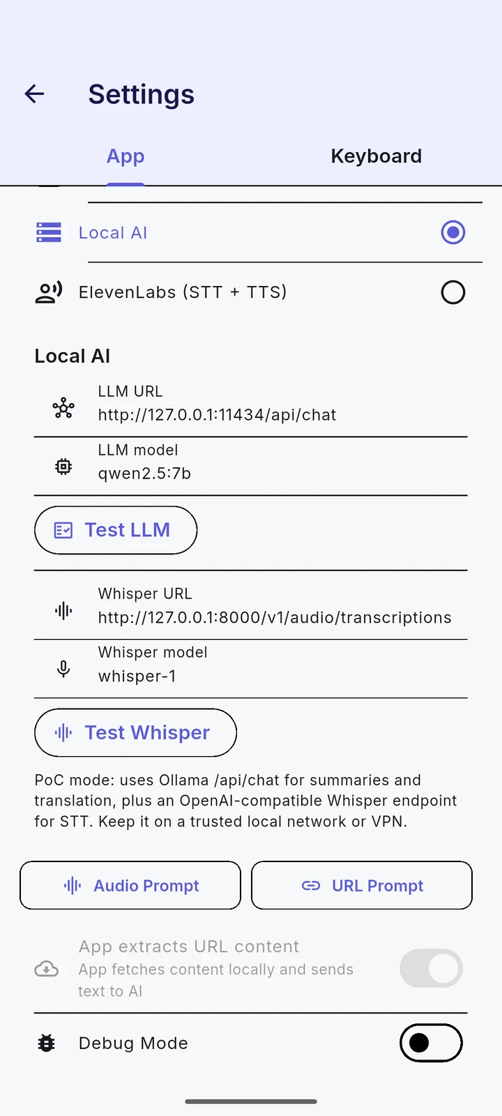 EchoScribe: Local AI · experimental — actual Android app screenshot