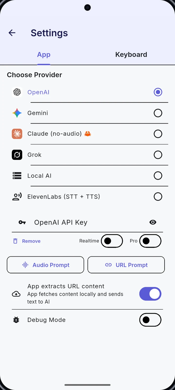 EchoScribe: Choose your provider — actual Android app screenshot