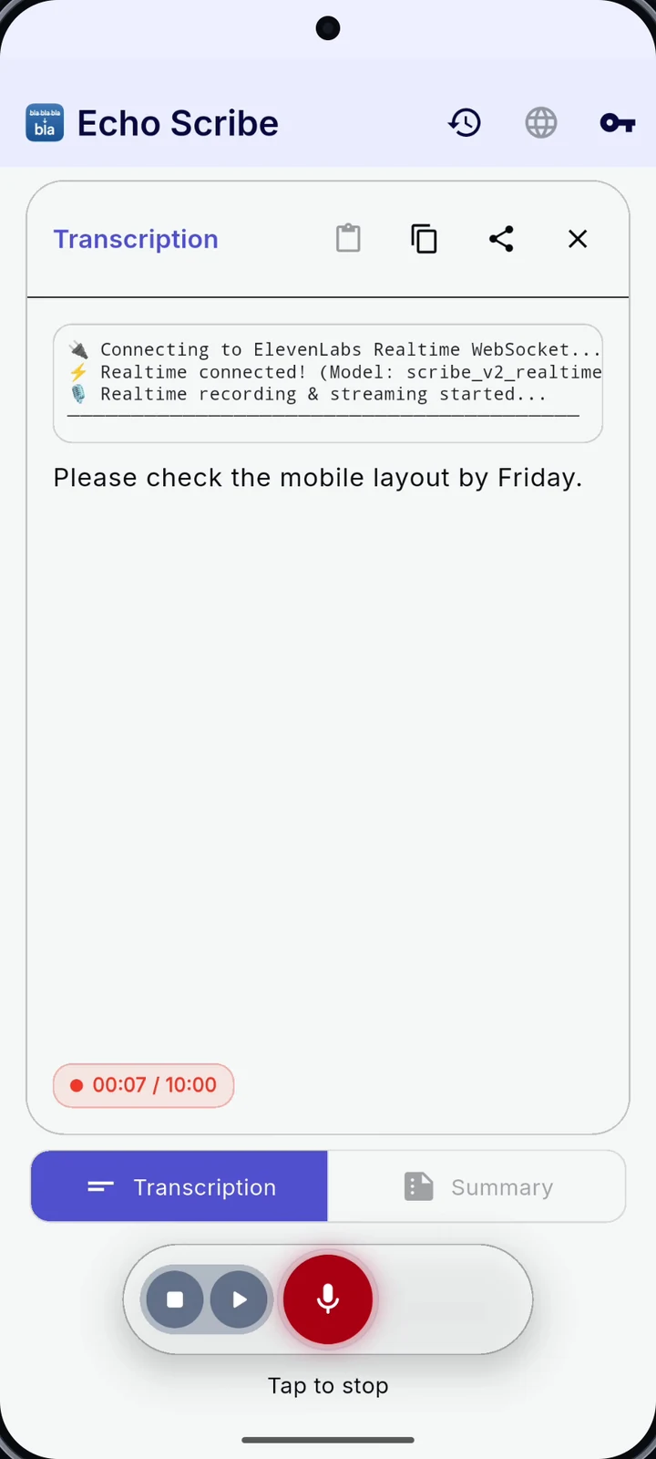 EchoScribe: Realtime transcription — actual Android app screenshot