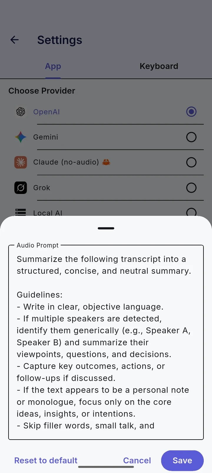 EchoScribe: Summaries & custom prompts — actual Android app screenshot